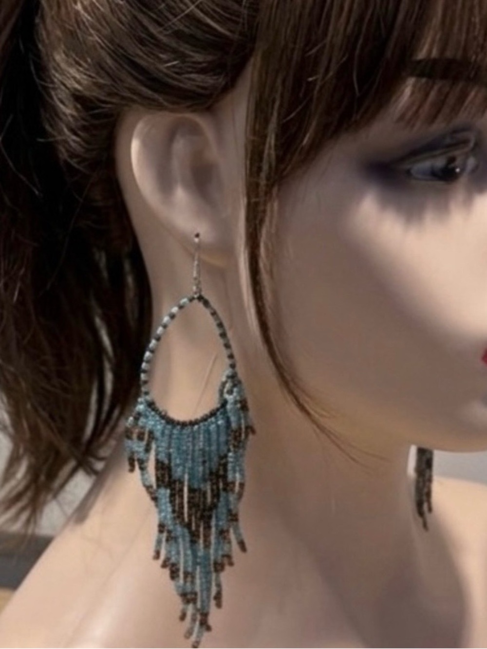 Boho Seed Bead Fringe Hoop Earrings Turquoise Bronze  - Vintage